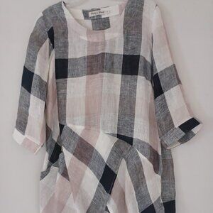 Helen’s Heart 100% Linen Plaid Tunic Top Women’s M Beige Black Gray Asymmetrical